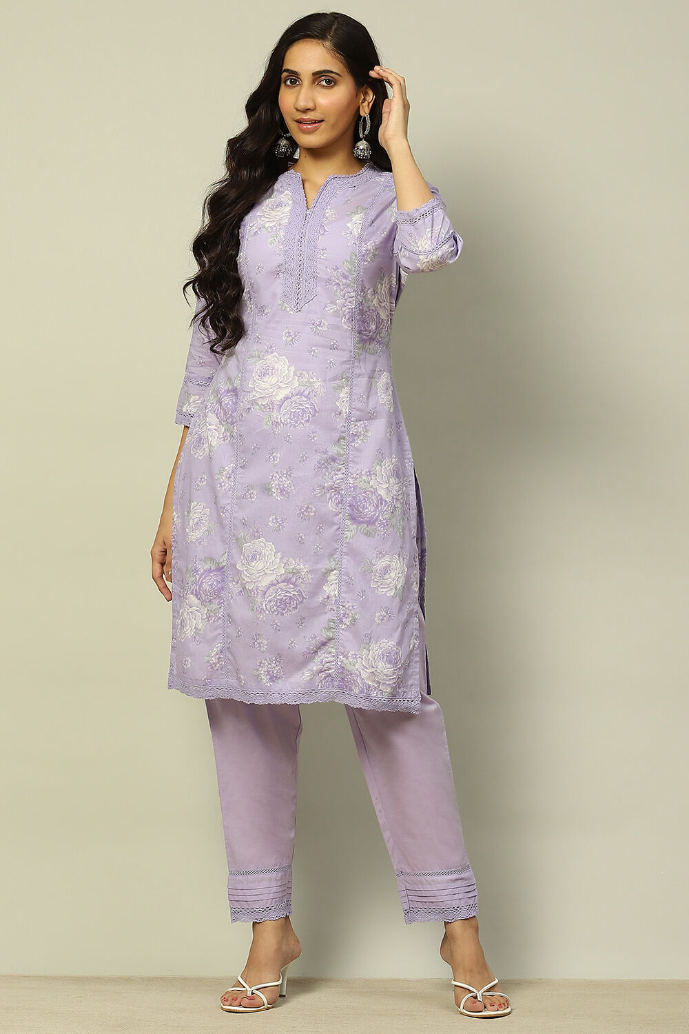 Lilac Cotton Printed Straight Suit Set image number 0