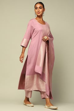 Lavender Acrylic Straight Yarn Dyed Kurta Palazzo Suit Set image number 5