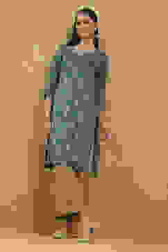 Teal Blue Printed Straight Kurta image number 1