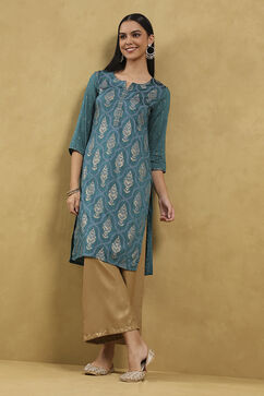 Teal Viscose Blend Printed Straight Kurta image number 1