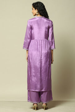 Lavender Viscose Gathered Embroidered Kurta Palazzo Suit Set image number 5