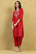 Red Polyester Solid Straight Kurta Pants Set