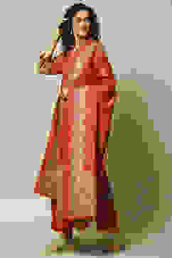 Rust Polyester Straight Printed Kurta Palazzo Suit Set image number 4