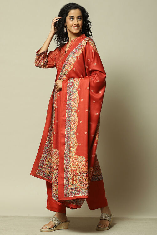 Rust Polyester Straight Printed Kurta Palazzo Suit Set image number 4