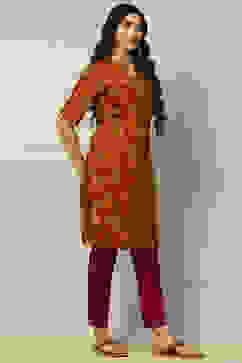 Mustard Yellow Floral Printed Straight Kurta image number 4