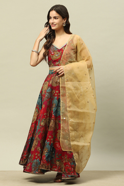 Pink Viscose Blend Straight Printed Crop Top Skirt Lehenga image number 6