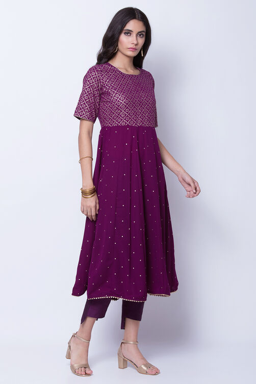 Purple Polyester Polymers Kalidar Kurta image number 3