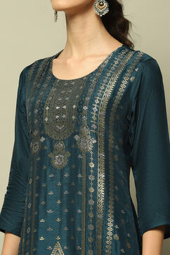 Blue Viscose Blend Straight Yarn Dyed Kurta Palazzo Suit Set image number 1