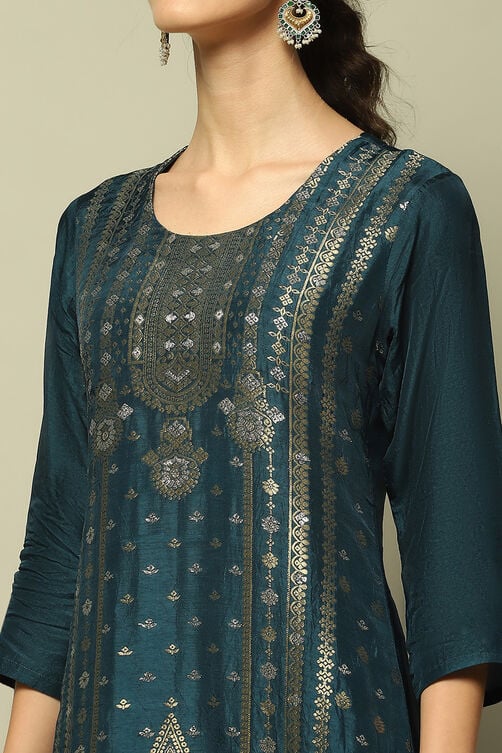Blue Viscose Blend Straight Yarn Dyed Kurta Palazzo Suit Set image number 1