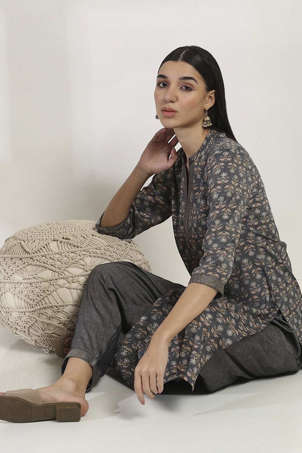 Navy Blue Printed Straight Kurta Set image number 0