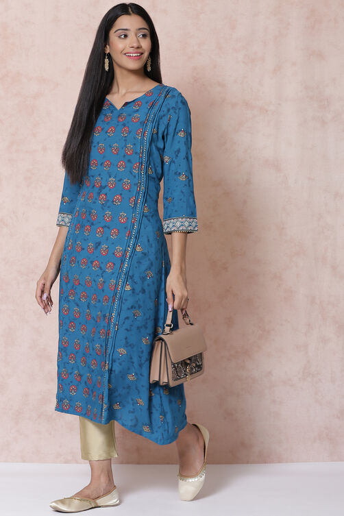 Petrol Blue LIVA A Line Kurta image number 0