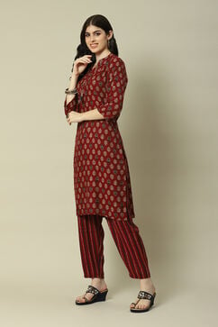 Red Cotton Blend Straight Printed Kurta Palazzo Suit Set image number 3