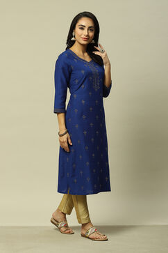 Blue LIVA Straight Printed Kurta image number 4