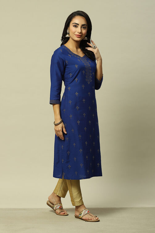 Blue Viscose Straight Printed Kurta image number 4