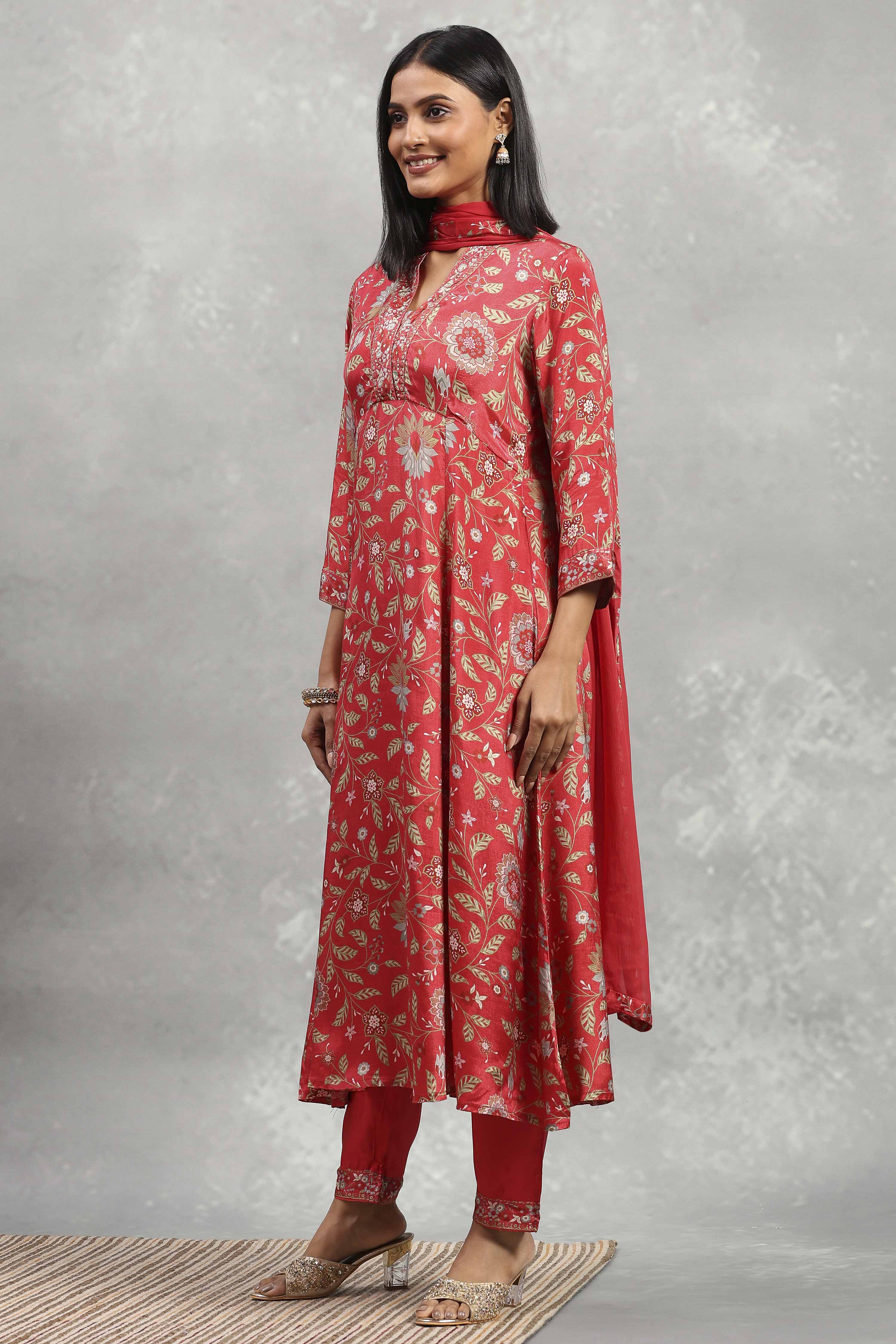 Red Viscose Rayon Printed Kalidar Suit Set image number 3