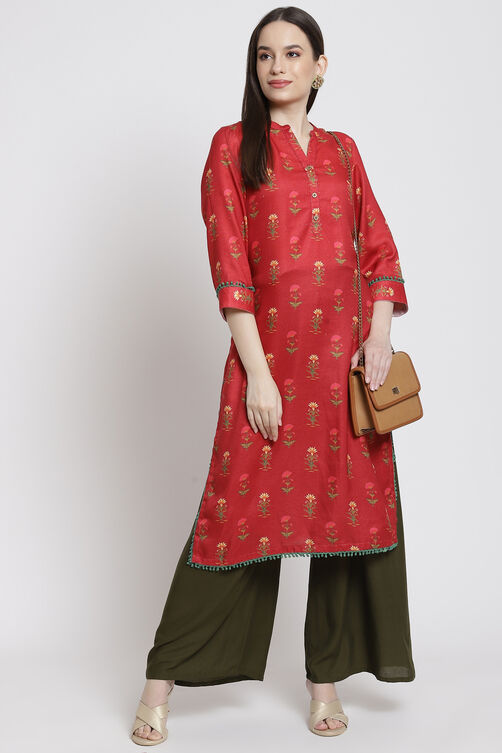 Red Poly Cotton Straight Kurta image number 0