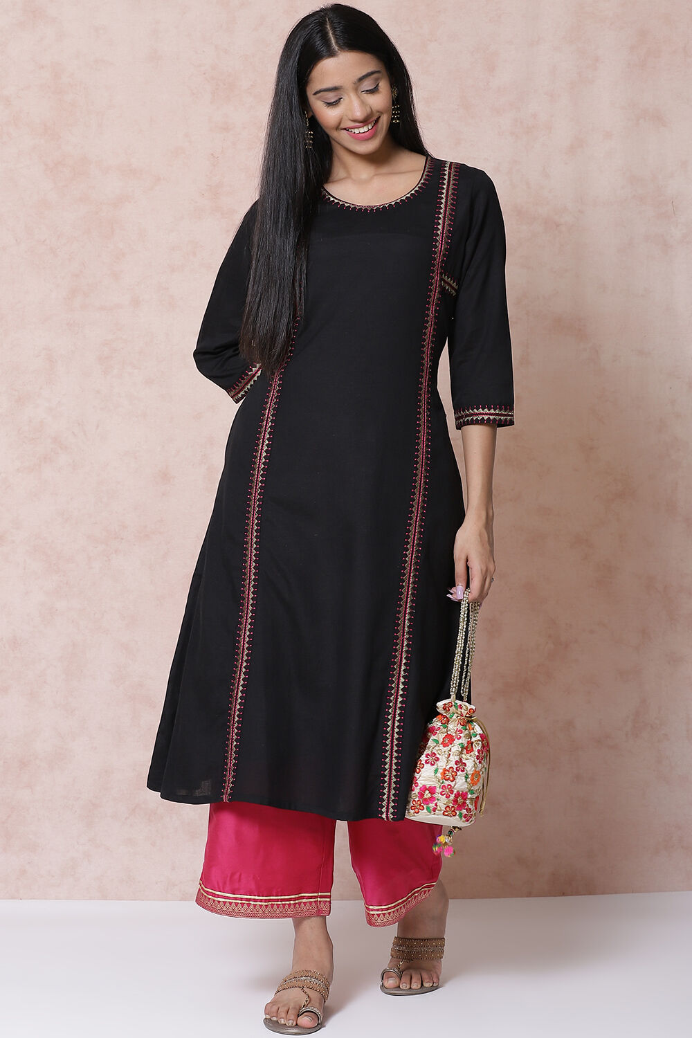 Buy Black LIVA A Line Kurta 1N by Rangriti