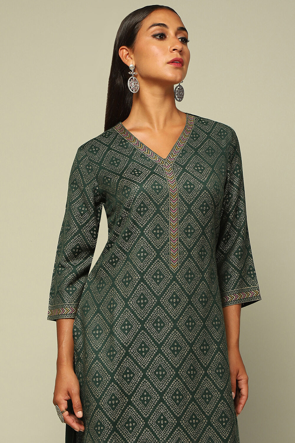 Green Acrylic Straight Yarn Dyed Kurta Palazzo Suit Set image number 1