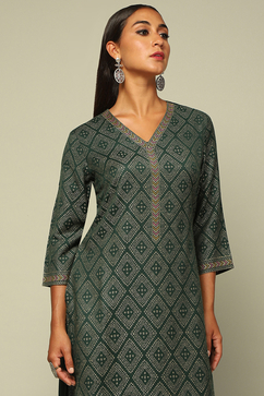 Green Acrylic Straight Yarn Dyed Kurta Palazzo Suit Set image number 1