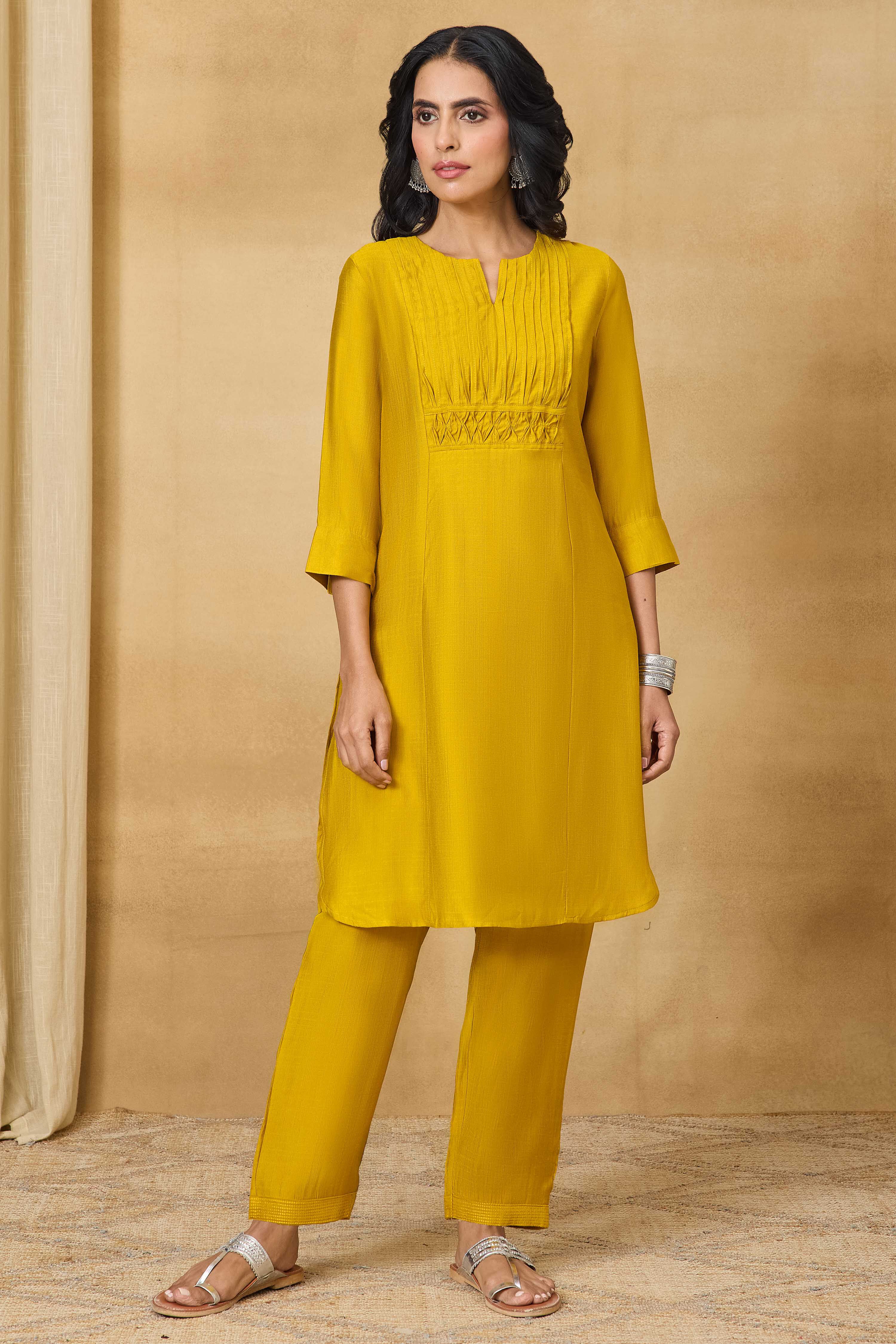 Yellow Viscose Blend A-Line Solid Suit Set image number 7