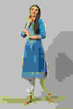 Blue LIVA Straight Printed Kurta image number 0