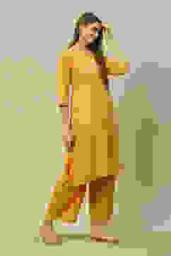 Yellow LIVA Straight Printed Kurta Palazzo Suit Set image number 5