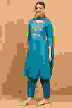 Teal Blue Pleated Straight Suit Set image number 3