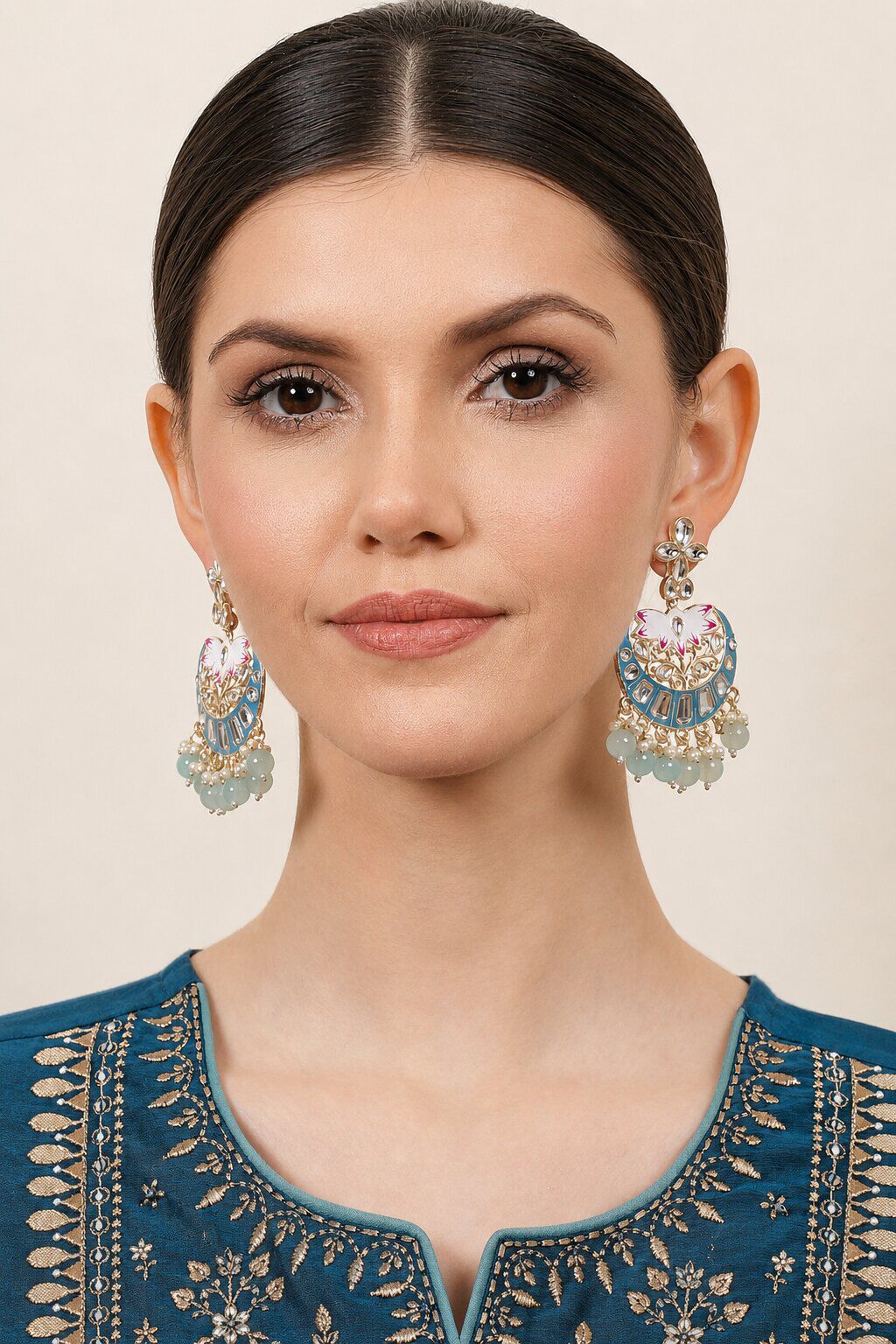 Blue & Pink Alloy Earrings & Maangtika Set image number 1