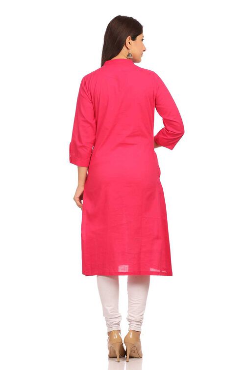 Pink Straight Cotton Kurta image number 3