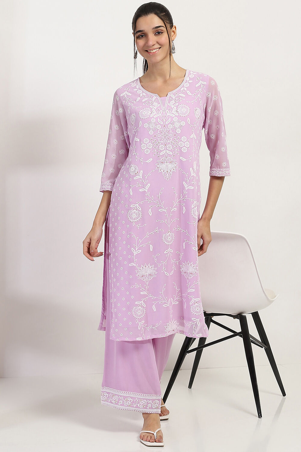 Lavender Printed Straight Kurta image number 0