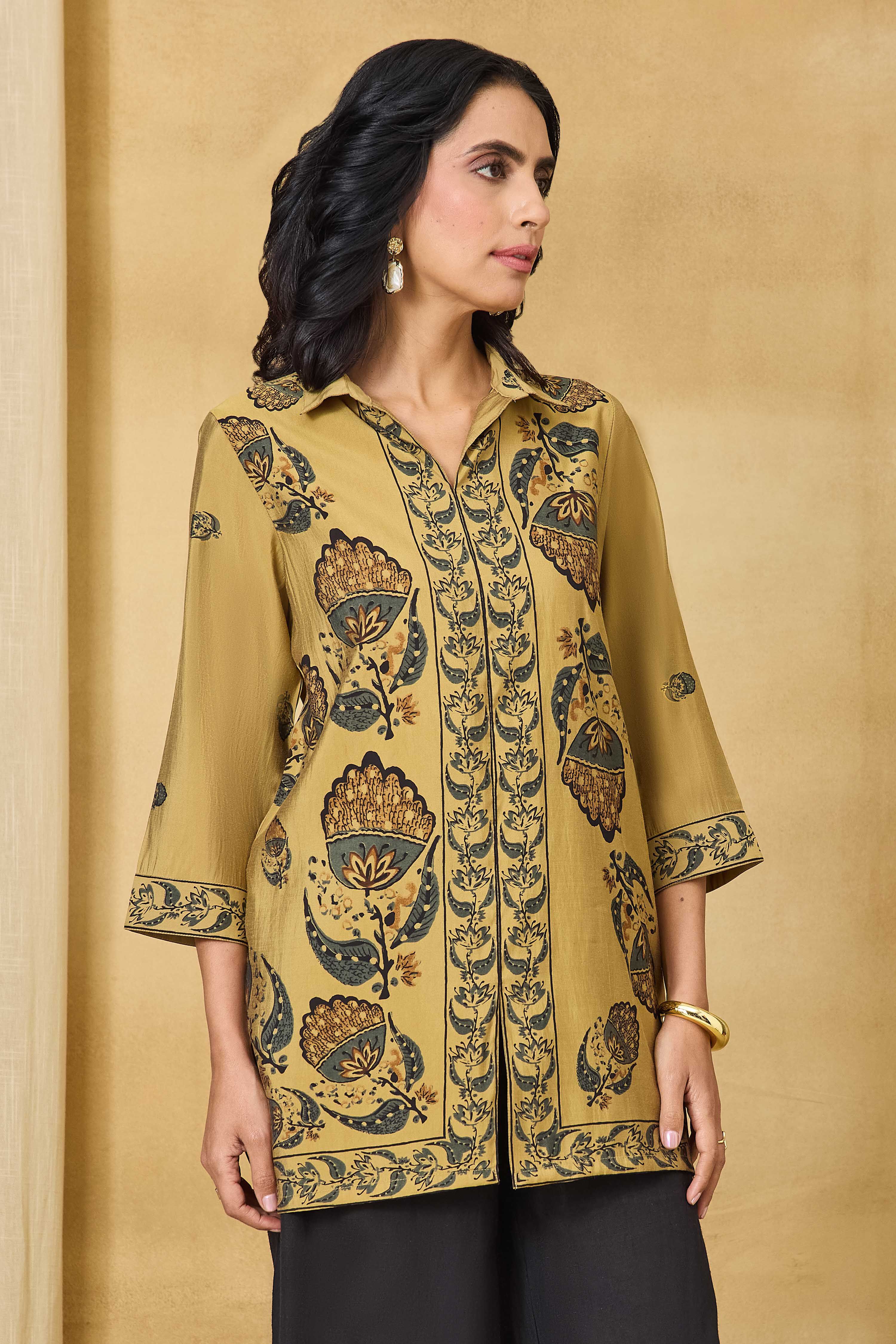 Beige Viscose Blend Straight Printed Top image number 5