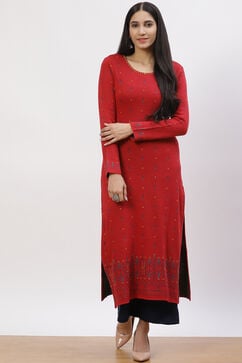 Red Jacquard Straight Kurta image number 5