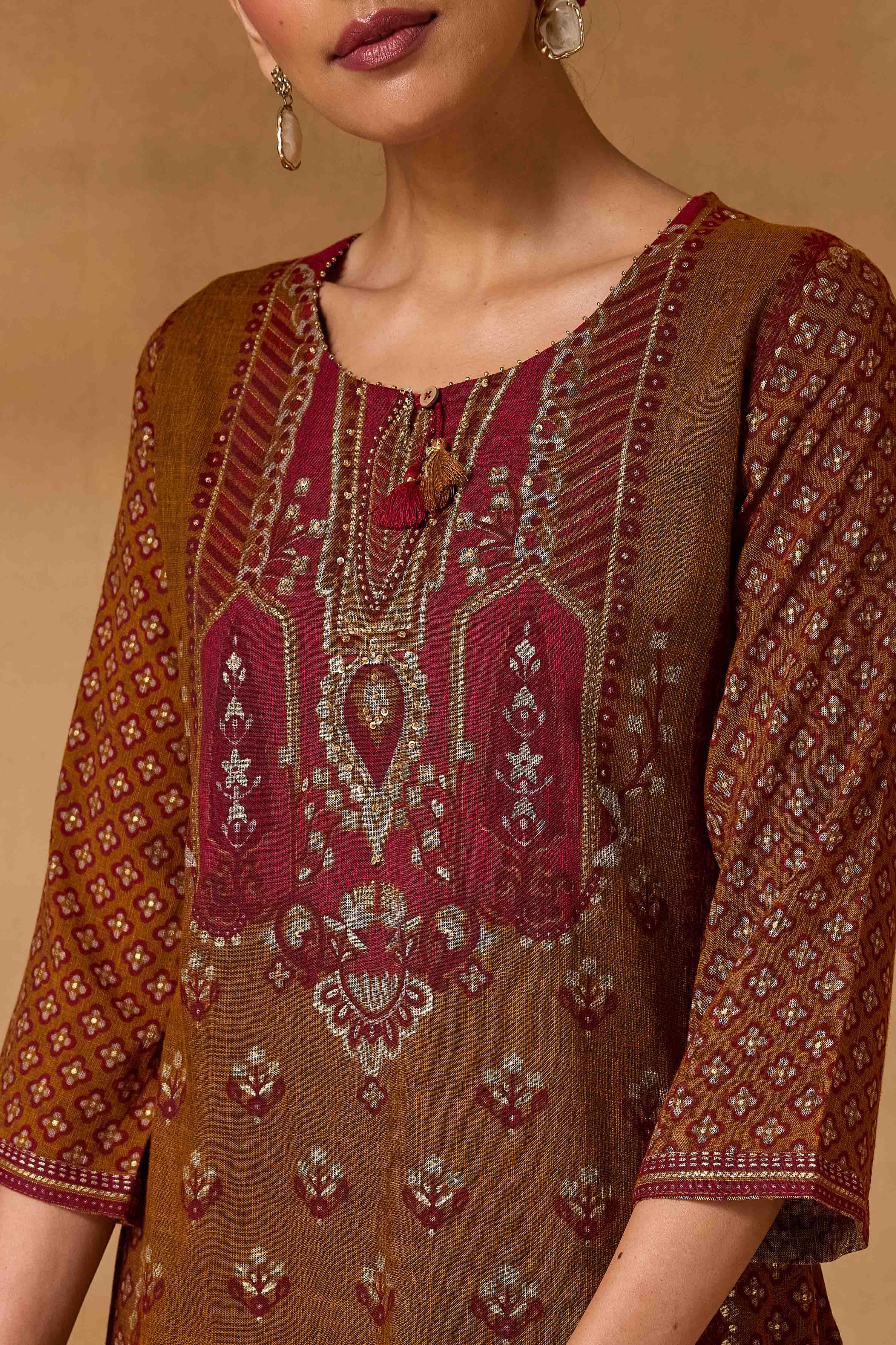 Mustard Viscose Blend Straight Printed Suit Set image number 1