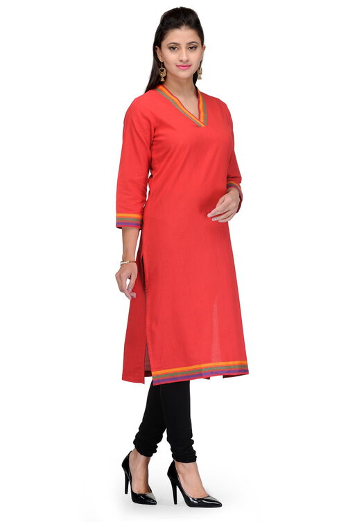 Red Cotton Straight Kurta image number 1