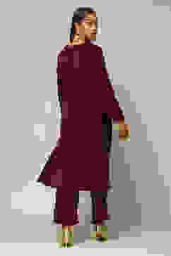 Wine Poly Velvet Straight Solid Kurta Palazzo Suit Set image number 4