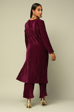 Wine Poly Velvet Straight Solid Kurta Palazzo Suit Set image number 4
