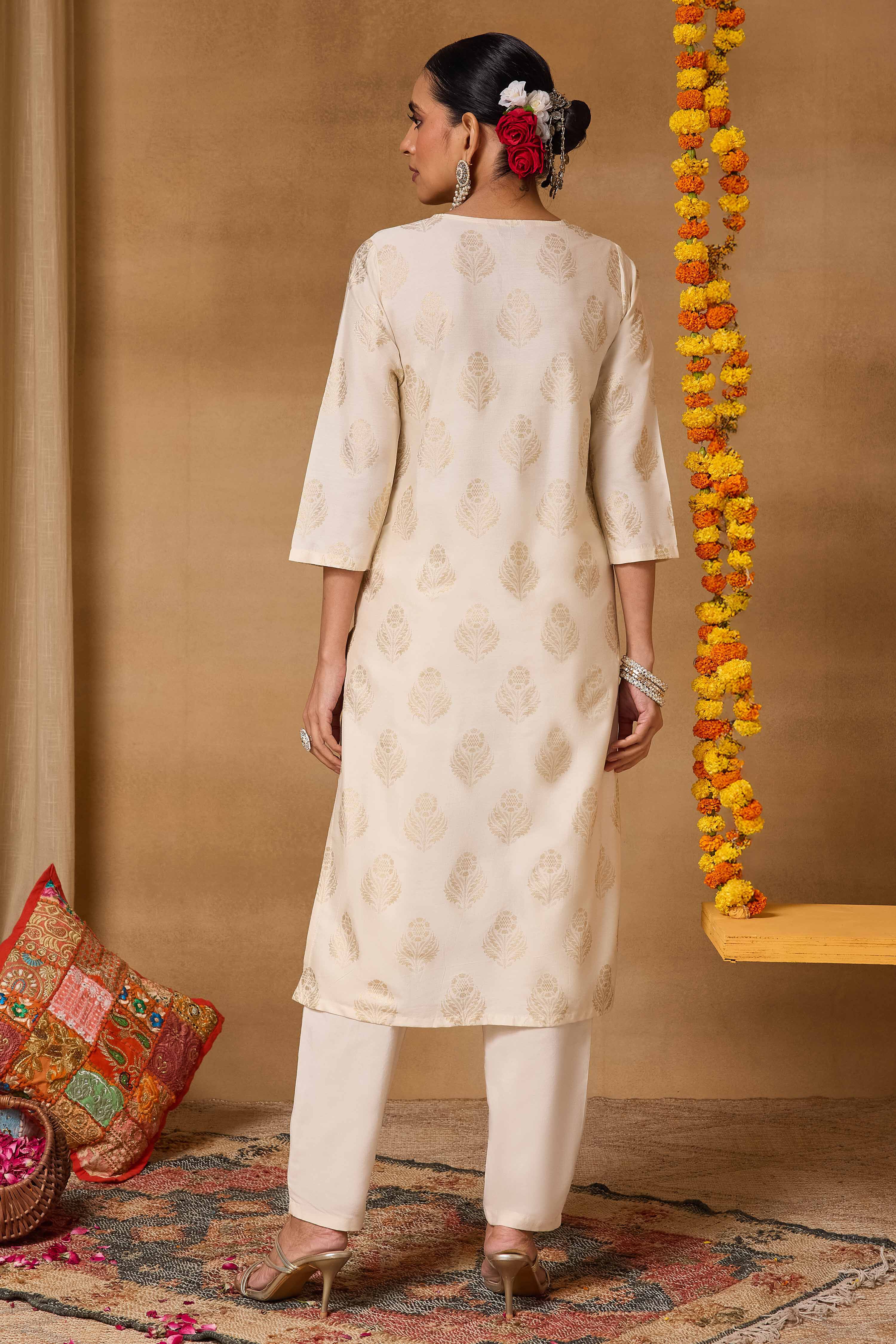 Off White Viscose Blend Straight Printed Suit Set image number 5