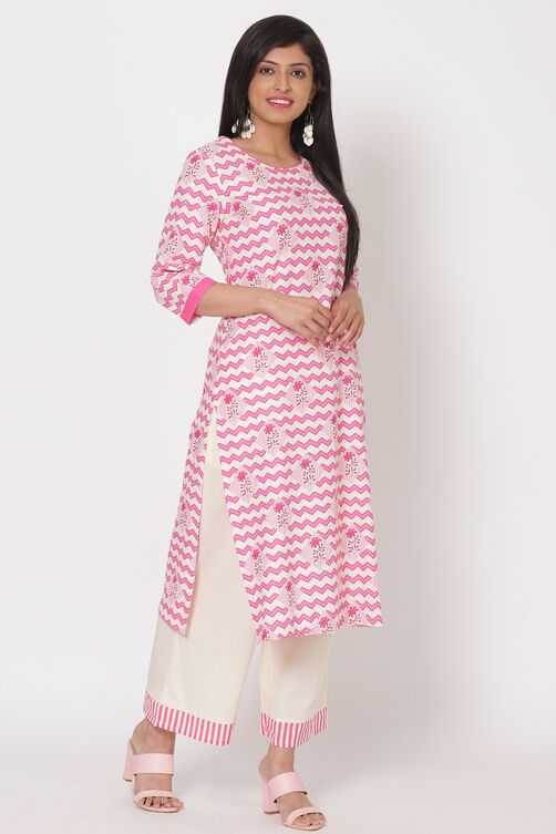 Pink Cotton Straight Kurta image number 3