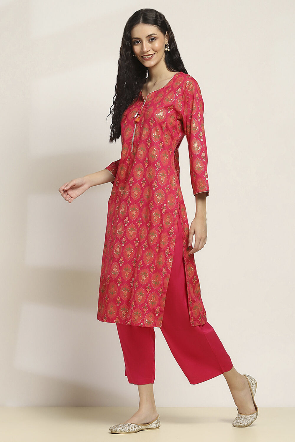 Pink Viscose Rayon Printed Straight Kurta Pants Set image number 3