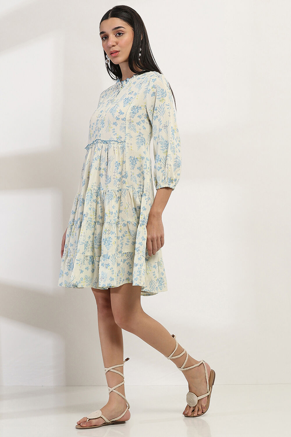 Blue Printed Tiered Dress image number 2
