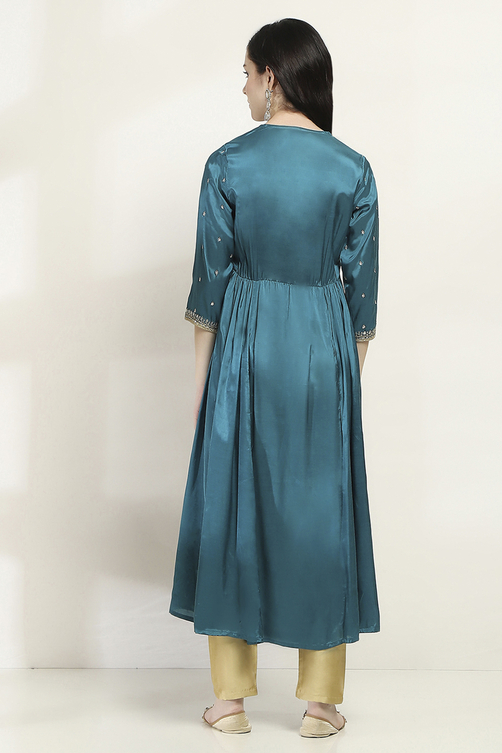 Teal Viscose Gathered Dress image number 3