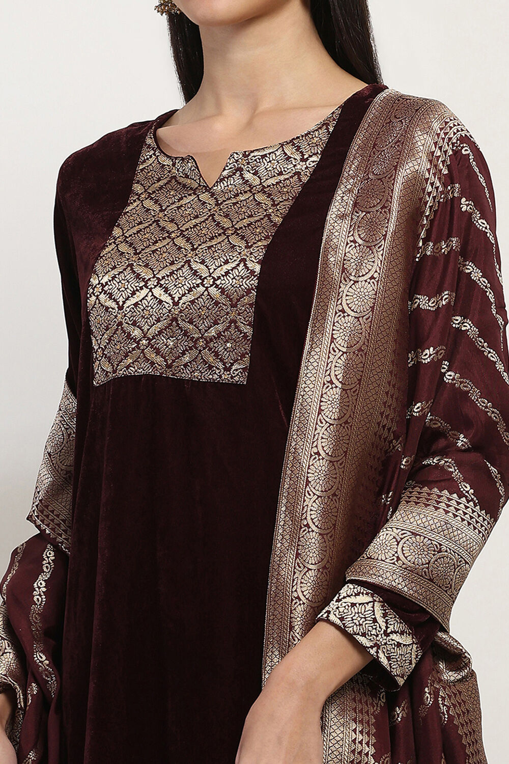 Wine Poly Velvet Straight Solid Kurta Palazzo Suit Set image number 1