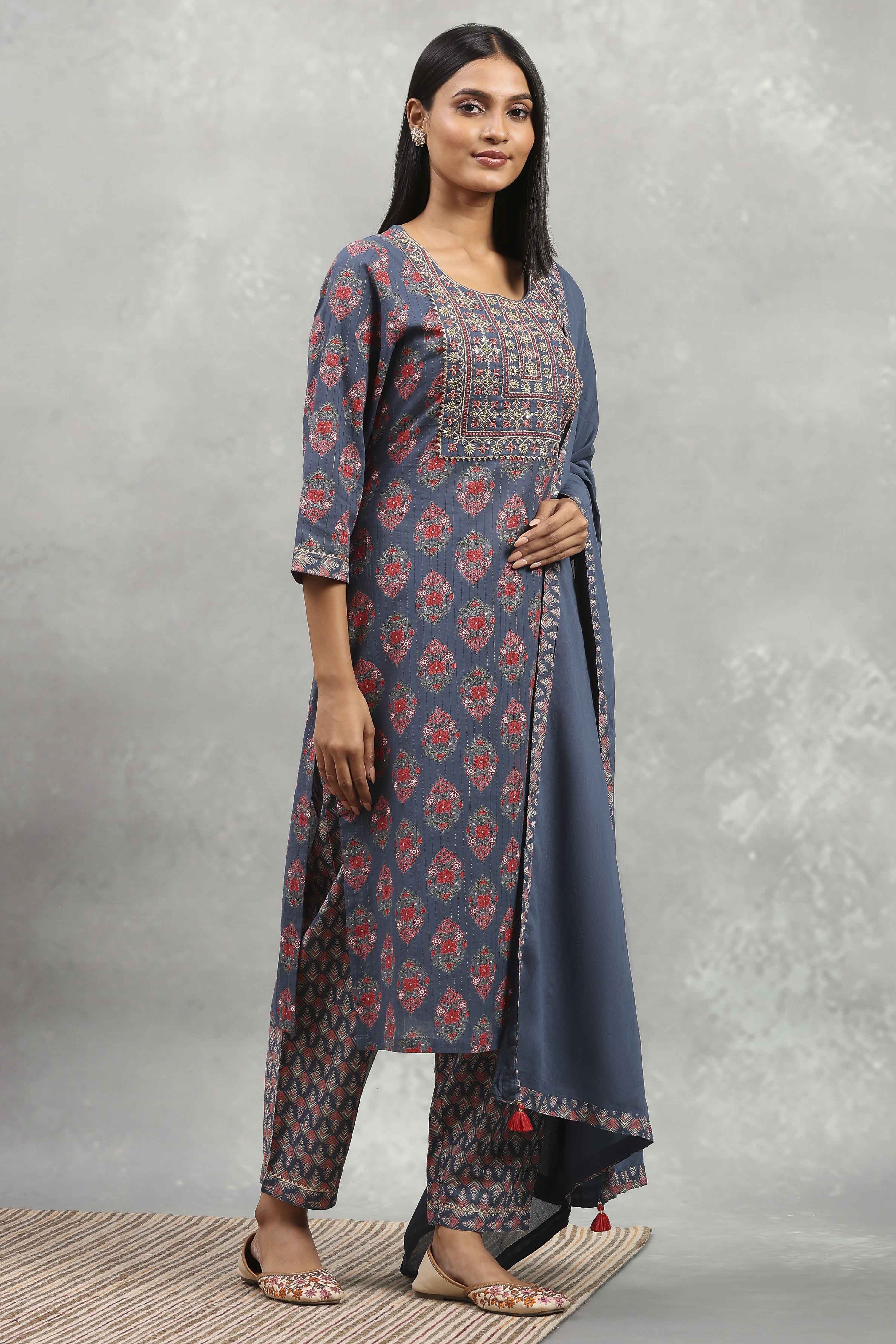 Indigo Cotton Printed Straight Suit Set image number 5