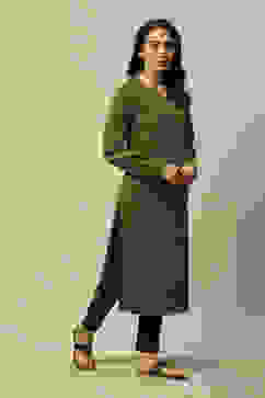 Olive Cotton Blend Straight Printed Kurta image number 4