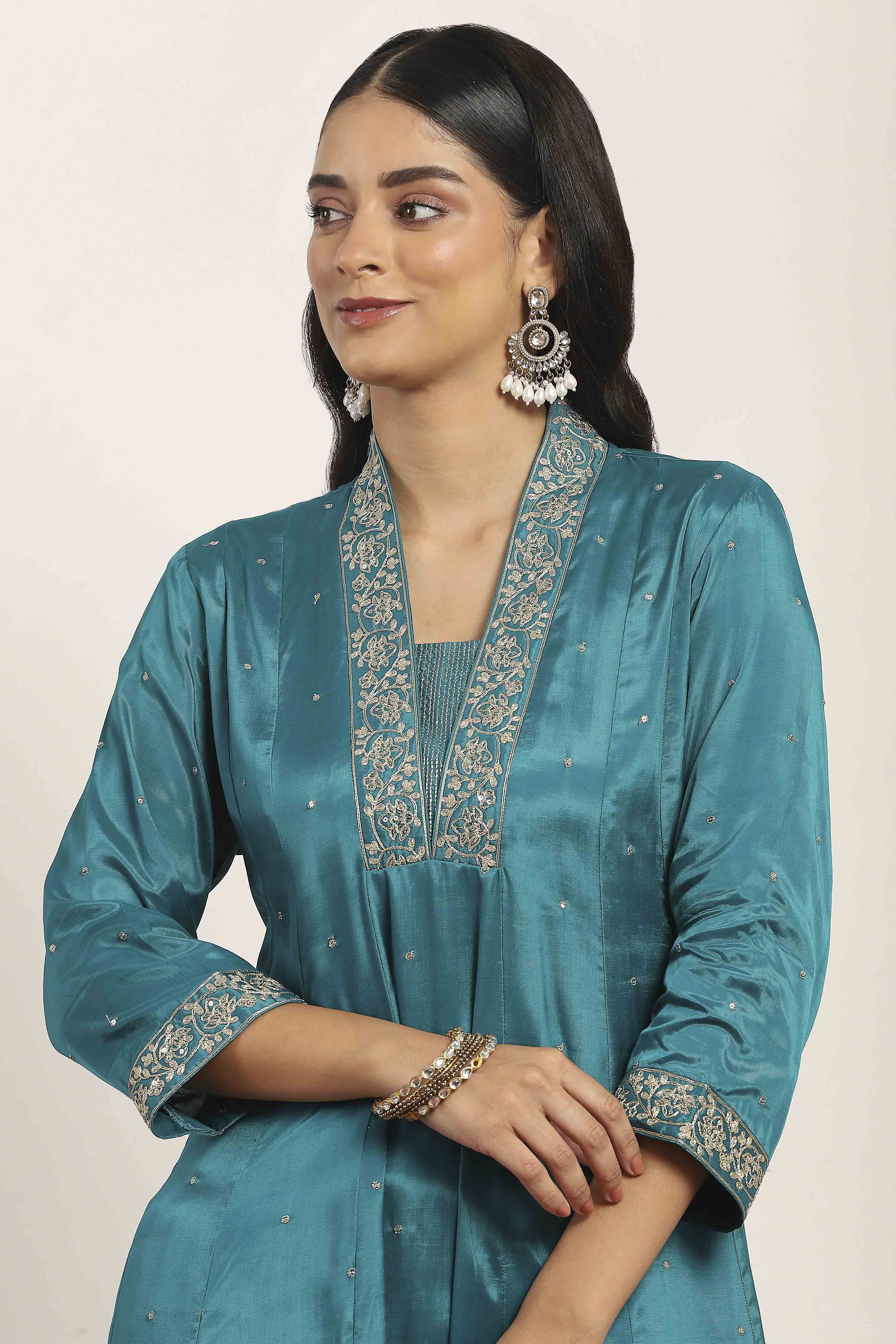 Teal Viscose Rayon Kalidar Suit Set image number 1