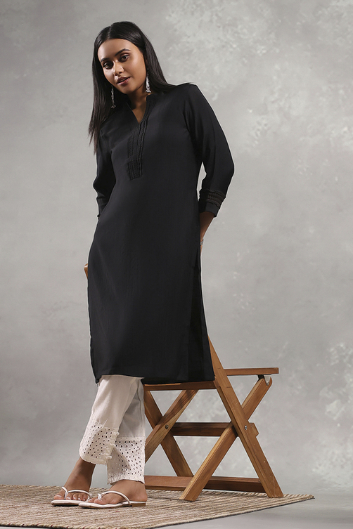 Black Solid Straight Kurta image number 0