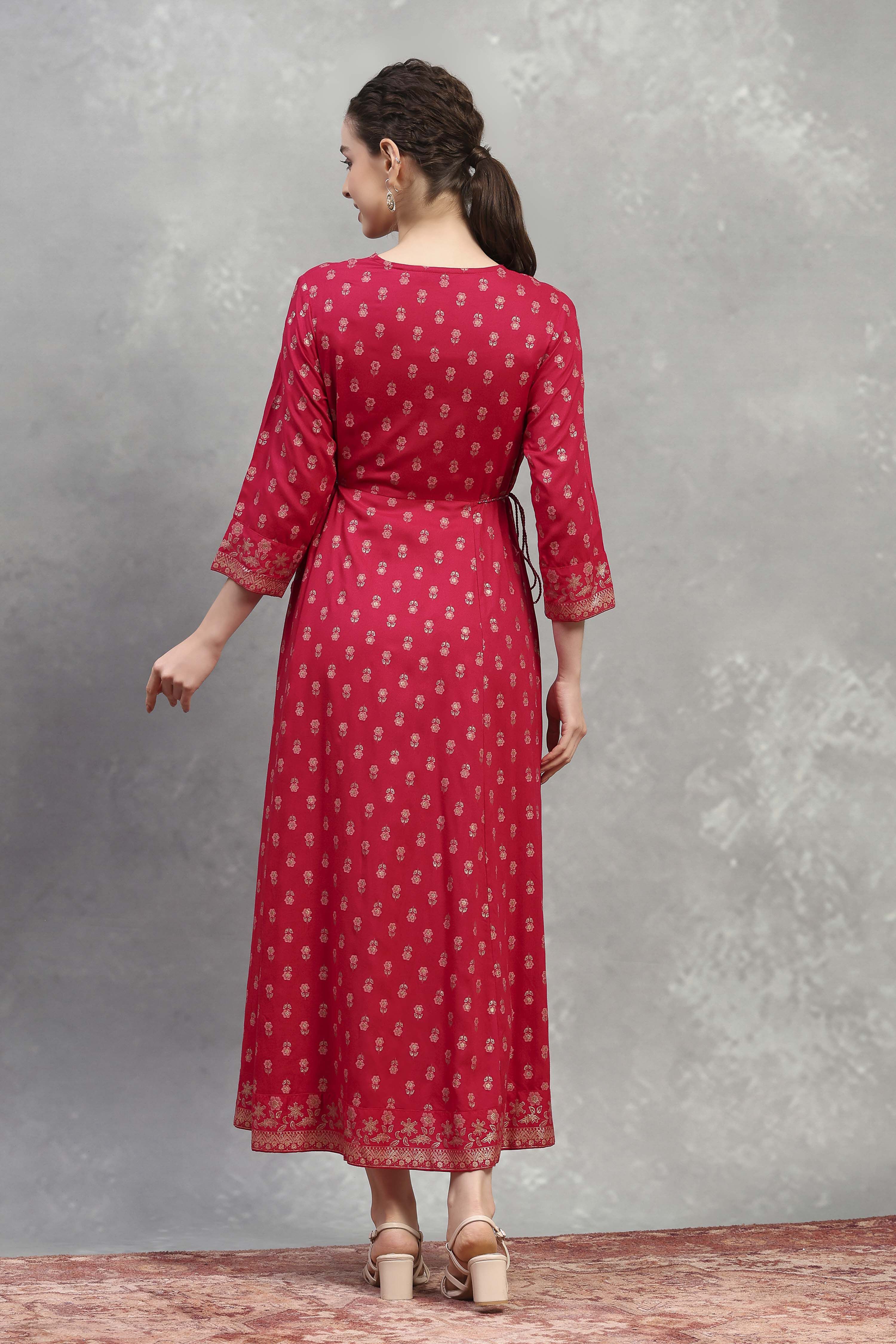 Pink Viscose Rayon Printed Flared Dress image number 3