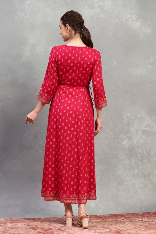 Pink Viscose Rayon Printed Flared Dress image number 3