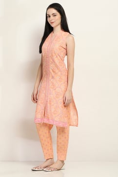 Peach-Colored Cotton Blend Straight Kurta Set image number 3