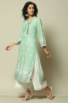 Green LIVA Straight Printed Kurta image number 2